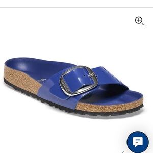 Birkenstock Madrid Big Buckle Sandal in High Shine Cobalt with Cork Footbed